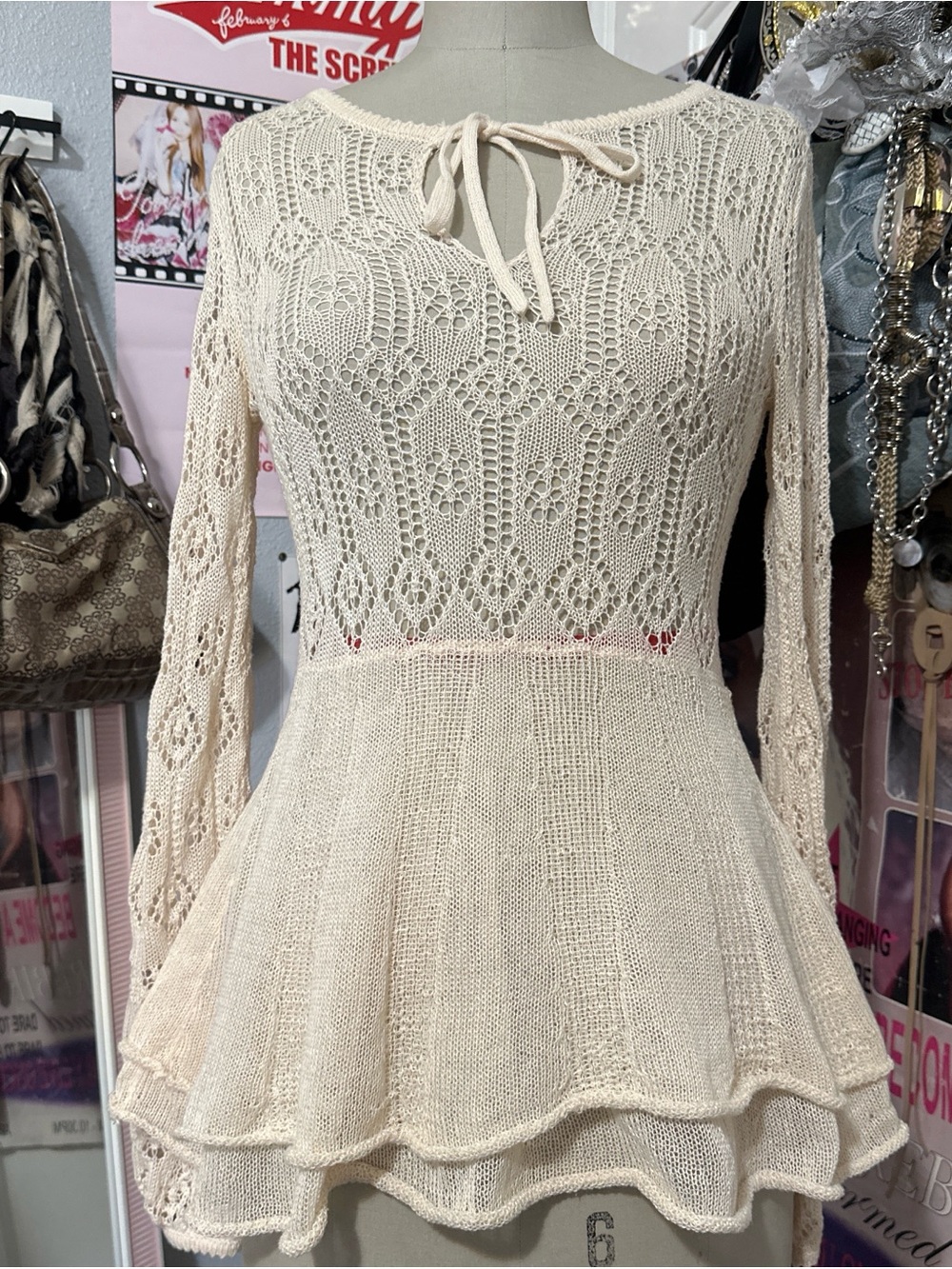 Cream Crochet Knit Peplum Sweater Top